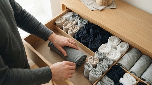 Caucasian man organizing rolled t-shirts in wooden drawer for minimalist home storage and clothing organization