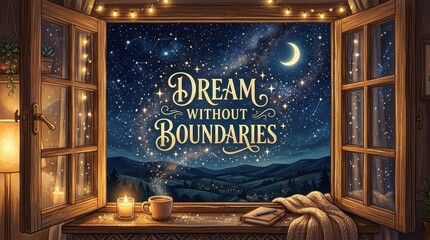 Obraz premium Cozy open window overlooking a starry night sky with a crescent moon and a village below, inspiring dreams