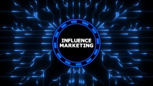 Futuristic animated influence marketing concept depicted on tech circuitry blue background, 4k animation motion graphics,digital animation video.