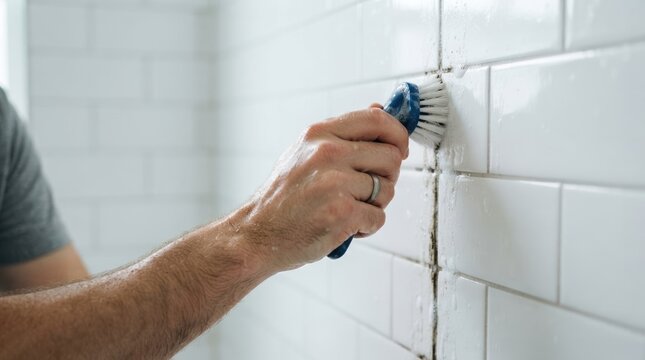 Close up of a man cleaning dirty grout lines between white subway tiles with a scrub brush for home maintenance