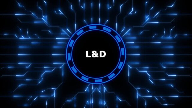 L&D &ndash; Learning and Development. L&D concept head up display (HUD UI) panel and futuristic technology. Digital Data moving on Circuit Board and CPU.digital animation video.