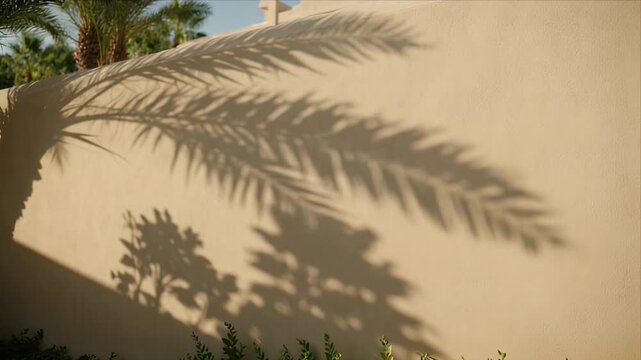Botanical shadow wall overlay palm leaf nature garden sunlight minimal background, soft foliage pattern on beige wall creating calm tropical mood and natural texture for summer design backdrop