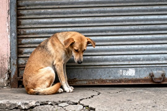 Stray mixed breed dog sitting alone in front of closed weathered store shutter representing homelessness animal welfare and abandonment