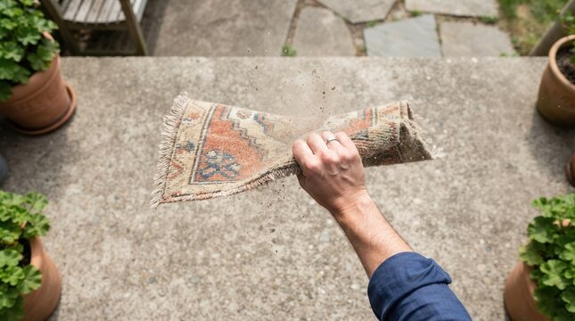 Person shaking dust out of a small vintage oriental rug on a patio for home cleaning and maintenance