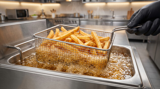 Golden French fries frying in hot oil inside a commercial deep fryer in a professional kitchen, illustrating fast food, restaurant cooking, food preparation, crispy potatoes, and commercial catering