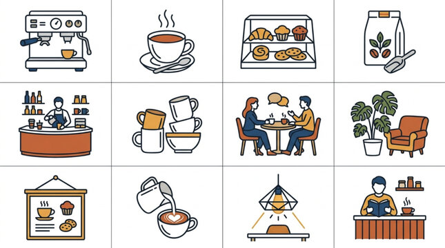 Collection of coffee shop icons and illustrations representing various aspects of cafe life.
