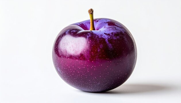 Plum isolated on white: A simple minimalist studio photograph of a single ripe purple plum isolated on a white background.