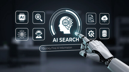 Fototapeta premium AI Search Interface Robotic Assistant Smart Technology Data Discovery Hub