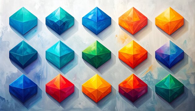 Colorful geometric puzzle pieces scattered on a surface.