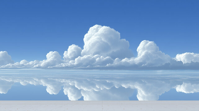 Perfect symmetrical reflection of large white cumulus clouds and blue sky on a mirror water surface with a white tiled ground foreground.