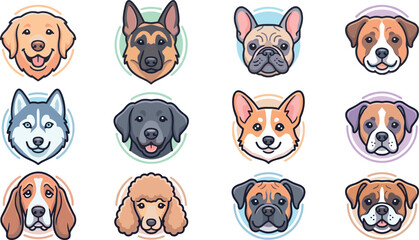 Dog Breed Face Icons Set with Golden Retriever Husky German Shepherd Corgi Poodle Bulldog and Beagle Vector Illustration Bundle for Pet Concepts © MstLaily