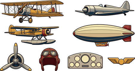 Vintage Aviation Icons Set with Biplane Seaplane Airship Propeller Pilot Helmet and Wings Badge Vector Illustration Bundle for Retro Aircraft Concepts © MstLaily