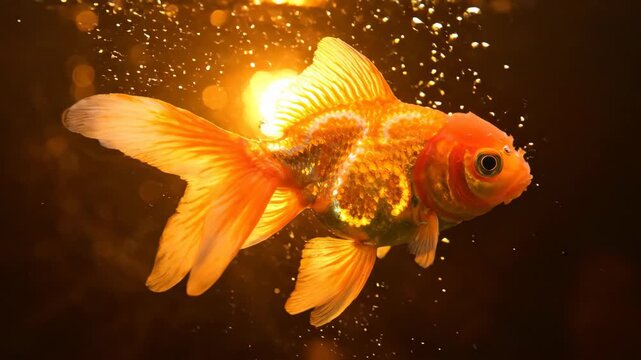 Goldfish swimming gracefully underwater with golden bubbles and glowing light for nature and aquatic content