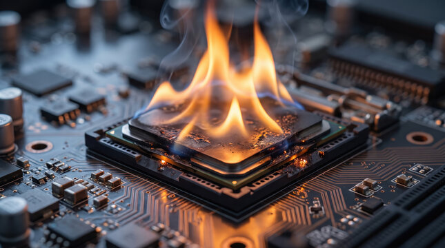 Close-up of a computer microprocessor catching fire on a circuit board, representing electronics failure, overheating hardware, electrical hazard, damaged electronics, and technology risk concept