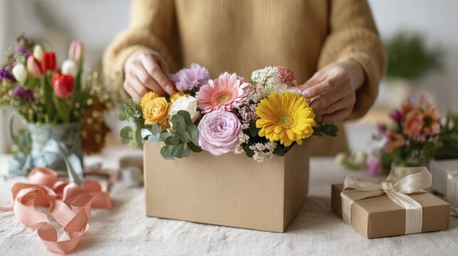 Floral arrangement in box with colorful blooms and gift preparation on table