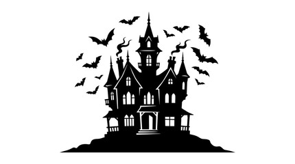 Helloween Spooky haunted house silhouette with flying bats, gothic victorian mansion on a hill, black and white halloween castle vector illustration vector © Md