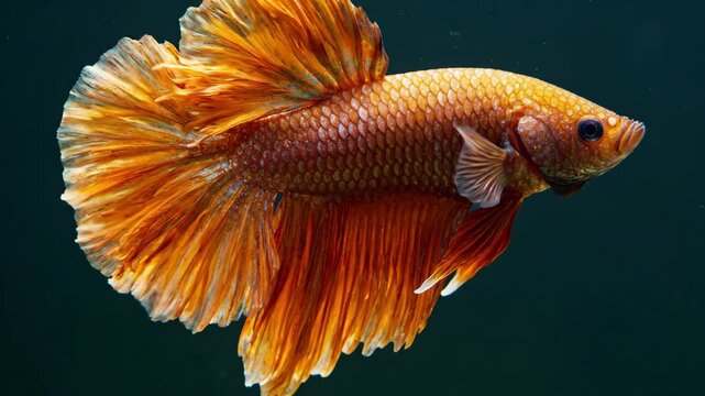 Golden betta fish swimming gracefully in dark aquatic background for nature and wildlife content