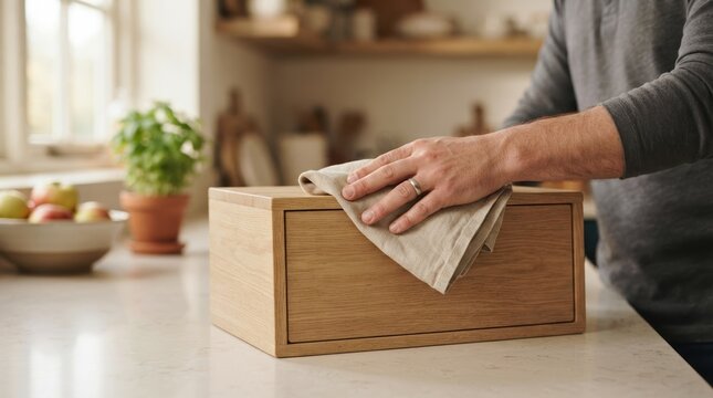 Man cleaning a wooden bread box in a modern kitchen, maintaining kitchen organization and home hygiene