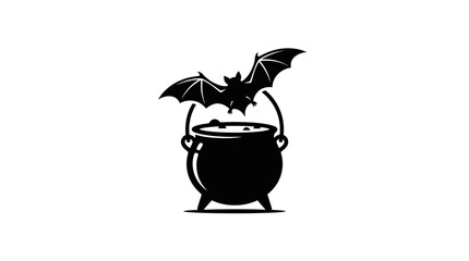 Helloween Halloween witch cauldron with flying bat vector illustration, spooky black and white magic potion pot icon, mystical occult silhouette graphic vector © Md