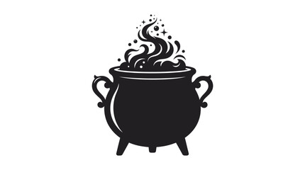 Helloween Witch cauldron silhouette with magic steam, mystical boiling pot vector icon, black halloween cauldron with swirling smoke and sparkles vector © Md