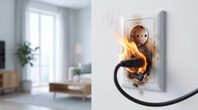 Burning electrical outlet with a plugged-in power cord producing flames and heat damage, illustrating electrical fire safety, overloaded socket, electrical hazard, and home fire risk prevention