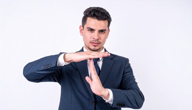 A serious young businessman using his hands to make a strict timeout sign, indicating a necessary break, isolated on white.