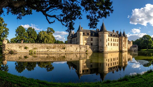 Medieval castle reflected in serene castle moat with blue sky.