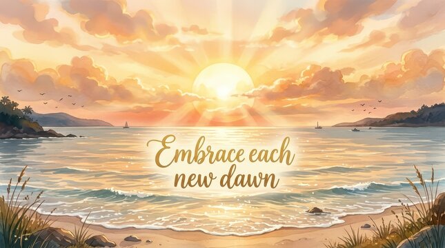 Beautiful sunrise over calm ocean with inspirational quote "Embrace each new dawn"