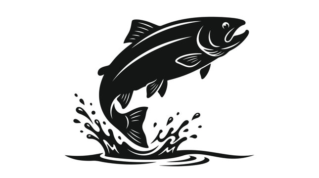 Helloween Vintage salmon fish jumping from water vector, black and white trout silhouette, woodcut style fishing logo icon for seafood and angling vector