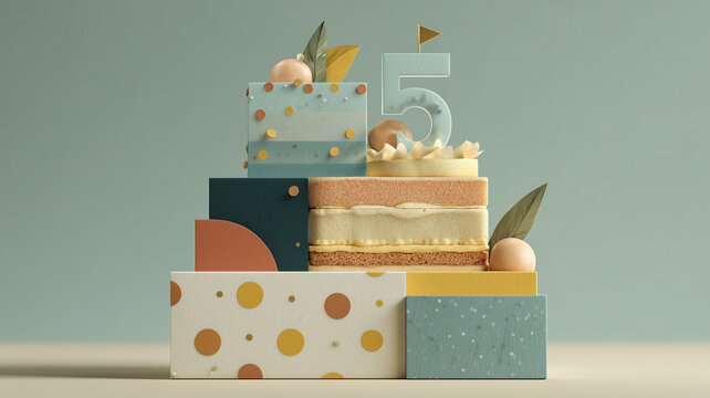 Abstract 3D composition resembling a multi tiered birthday cake with number five candle in pastel colors.