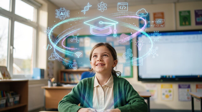 Smiling elementary school student imagining science, technology, and creativity with colorful educational icons in a bright classroom, celebrating back to school, STEM education, and future success