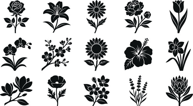 Fifteen black flower silhouettes featuring rose, lily, sunflower, hibiscus, and protea isolated on a white background