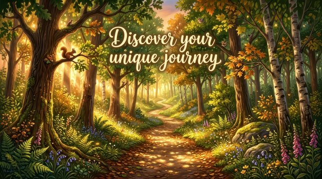 Enchanting forest path bathed in golden sunlight, with a squirrel and inspiring quote about unique journeys