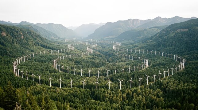 Wind turbines arranged circular pattern within forested mountain valley symbolizing sustainable economy