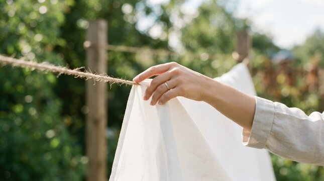 Young woman hanging white laundry on clothesline in sunny garden, sustainable living and household chores concept