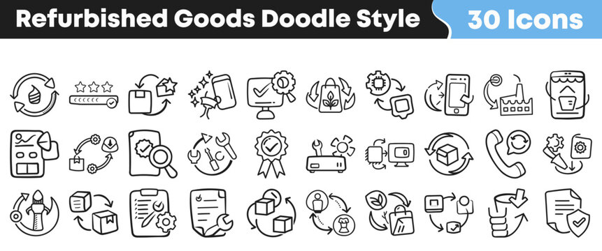 Set of black and white refurbished goods doodle style icons