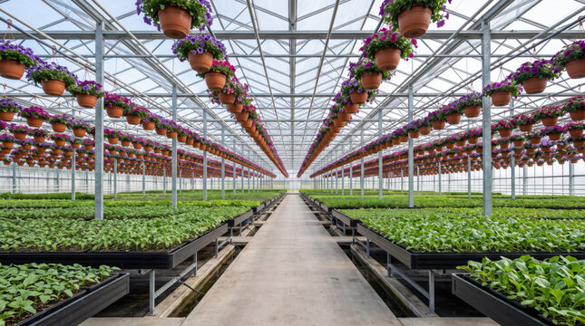 Wide view of an organized greenhouse with thriving seedlings and hanging flower baskets, representing greenhouse agriculture, controlled farming, plant nursery, and sustainable food production