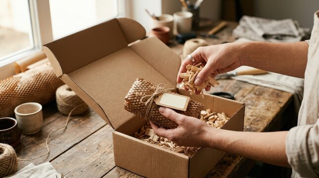 Hands packing eco friendly parcel using recycled cardboard paper sustainable circular economy small business