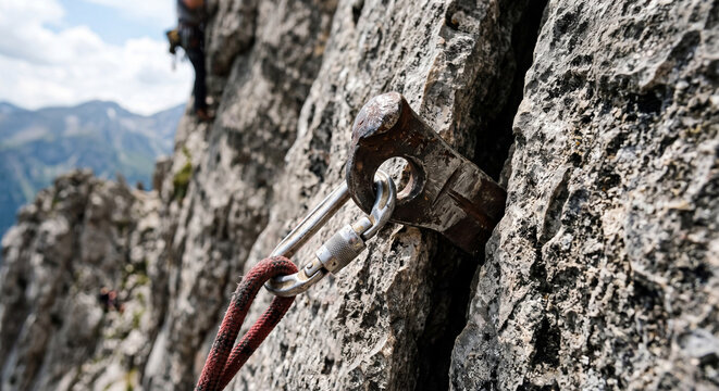 An old climbing piton fixed in the rock with a carabiner and rope. A climbing piton stuck in a niche of a rock