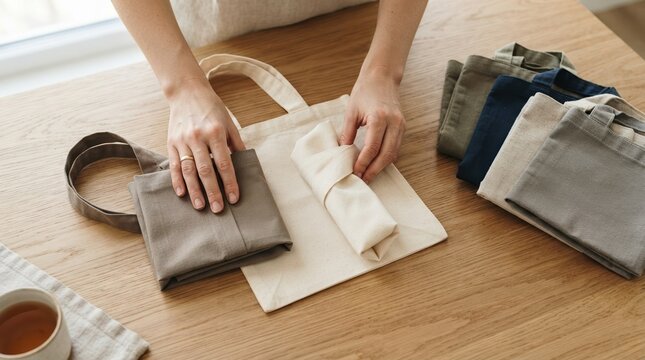 Woman Folding Reusable Cotton Tote Bags for Sustainable Zero Waste Lifestyle and Eco Friendly Grocery Shopping Organization