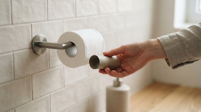 Person holding empty toilet paper roll core in bathroom, concept of running out of household supplies and waste management