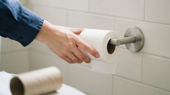 Person replacing empty toilet paper roll in bathroom, household chore concept, woman changing bathroom tissue
