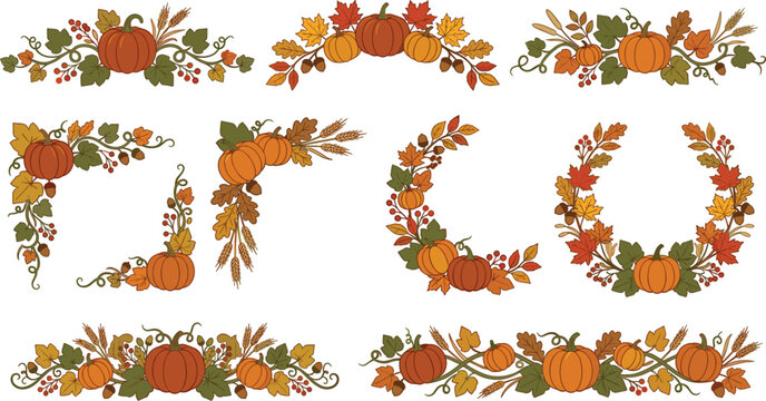 Set of autumn-themed decorative borders, frames, and arrangements featuring pumpkins, seasonal foliage, and harvest elements