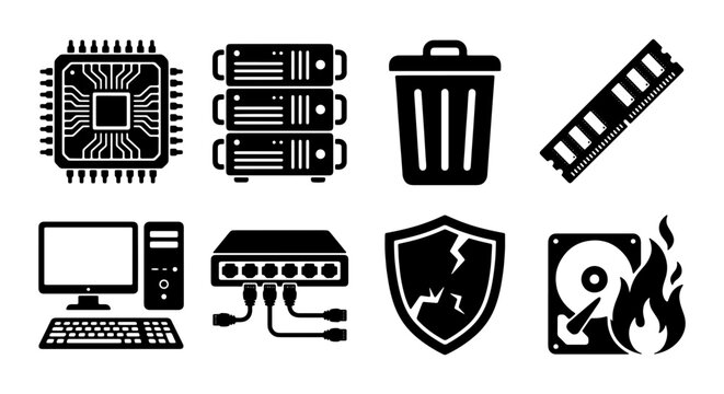 Computer Hardware Icons: CPU, Servers, RAM, Hard Drive, Monitor, Network Switch, Trash Bin, Security Shield