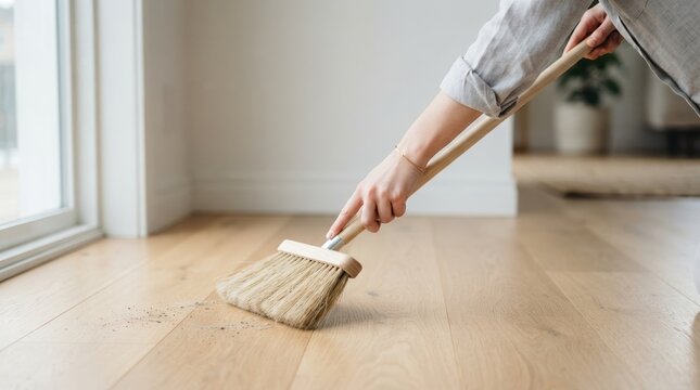 Young woman sweeping dust on light hardwood floor in modern home interior for spring cleaning and daily maintenance