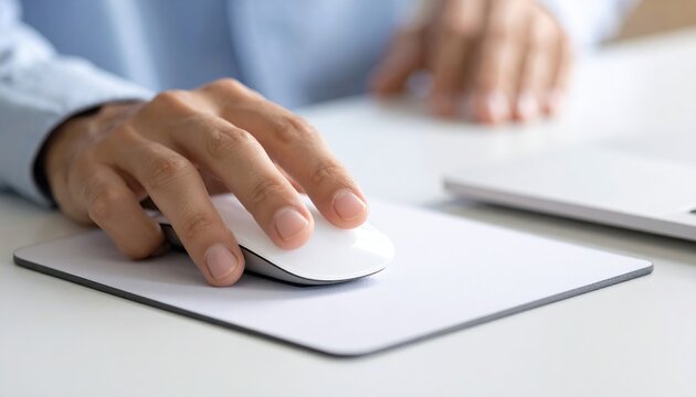 A close-up of a hand using a wireless mouse on a clean desk pad