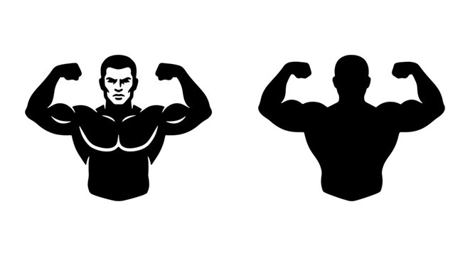 Bodybuilder Icons, Muscular Man Posing Silhouette, Fitness Athlete Vector Graphics, Strength and Health Symbols