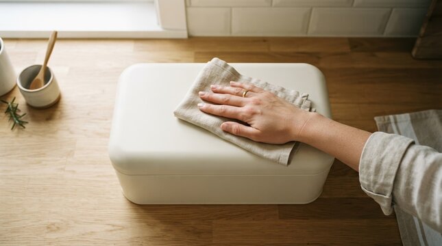 Woman cleaning cream bread box on wooden kitchen counter with linen cloth, home organization and kitchen maintenance concept