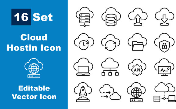 16 Set Cloud Hosting and Cloud Computing Line Icons Set - Editable Vector Outline Collection for Server, Database, Upload, Download, Backup, API, Network and Web Hosting