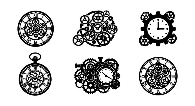 Steampunk Clock Gears Vector Icons Set, Vintage Mechanical Timepieces, Retro Industrial Watch Elements, Ornate Roman Numeral Designs